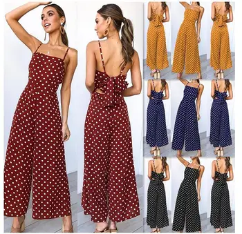 

2019 Summer European And American-Style Casual Bandage Cloth Polkadot Women's Clothing One-piece Wide-Leg Pants Sexy Backless