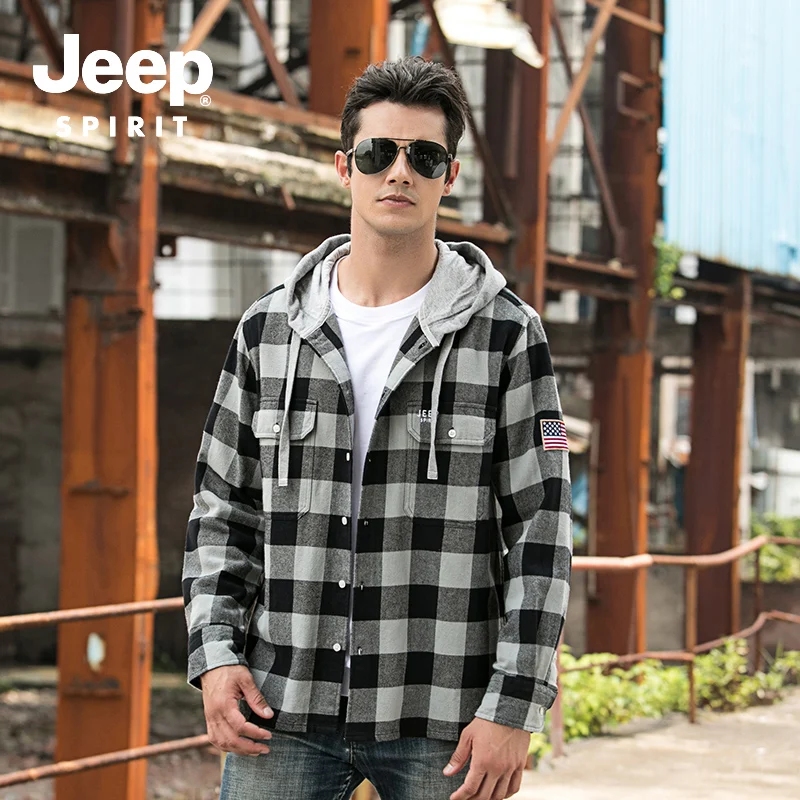 JEEP SPIRIT осенние куртки модная клетчатая куртка с капюшоном и воротником мужская Повседневная Свободная хлопковая дышащая мужская куртка Chaqueta Hombre
