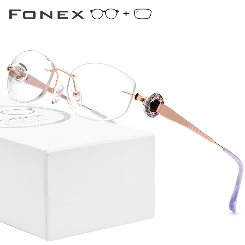 

FONEX 967 Women Wire Titanium Diamond Rimless Prescription Glasses with 1.61 MR-8 Toughness Lenses