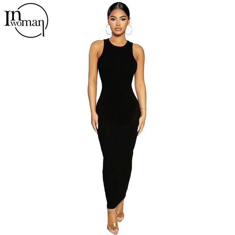 Inwoman Ribbed Knitted Summer Black White Maxi Dress Women 2021 Sexy Party Bodycon Long Dress Sundress Ladies Brown Wrap Dresses red dress