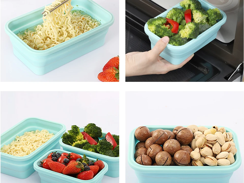 Силиконовый складной Ланч-бокс, контейнер для хранения еды, Bento BPA Free, Microwavable, портативный, для пикника, кемпинга, прямоугольная, открытая коробка