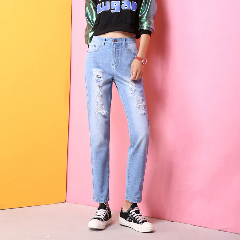 Модные рваные джинсы для мам с высокой талией, Ретро стиль, одноцветные потертые джинсы, поцарапанные прямые штаны размера плюс, женские брюки длиной до щиколотки