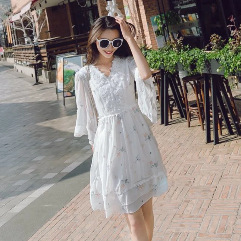 

Photo Shoot INS Immortal Chiffon White Embroidery Flowers V-neck Waist Hugging Irregular Bell Sleeve Flounced Dress Women's