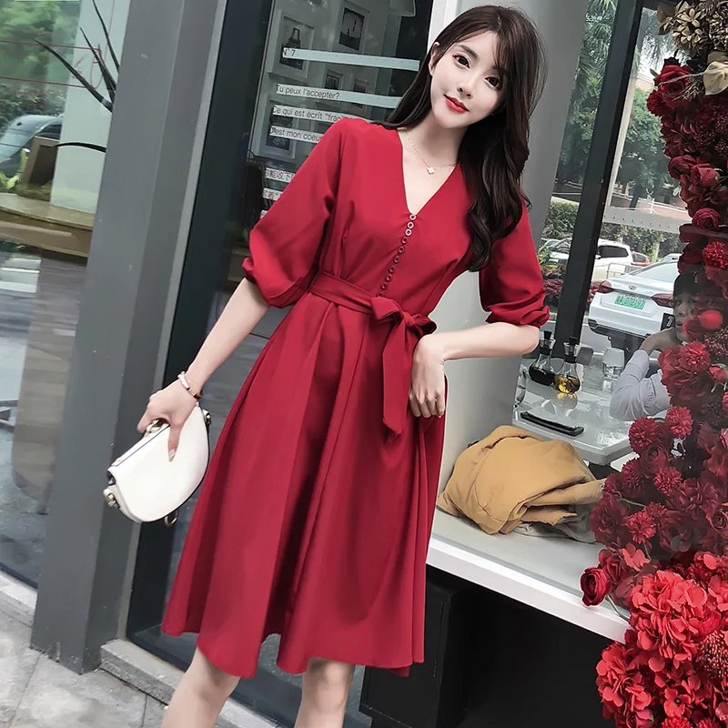2020 The New Spring Women Bohemian Dress V-Neck Vintage Korean Fashion Elegant Ladies Party Casual Sexy Red Maxi Clothes | Женская