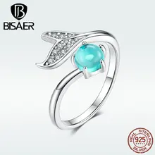 BISAER 925 סטרלינג כסף מנטה כחול זכוכית בת ים מתכוונן נשים טבעות נישואים טבעות תכשיטי הצהרת אלגנטי GXR515(China)