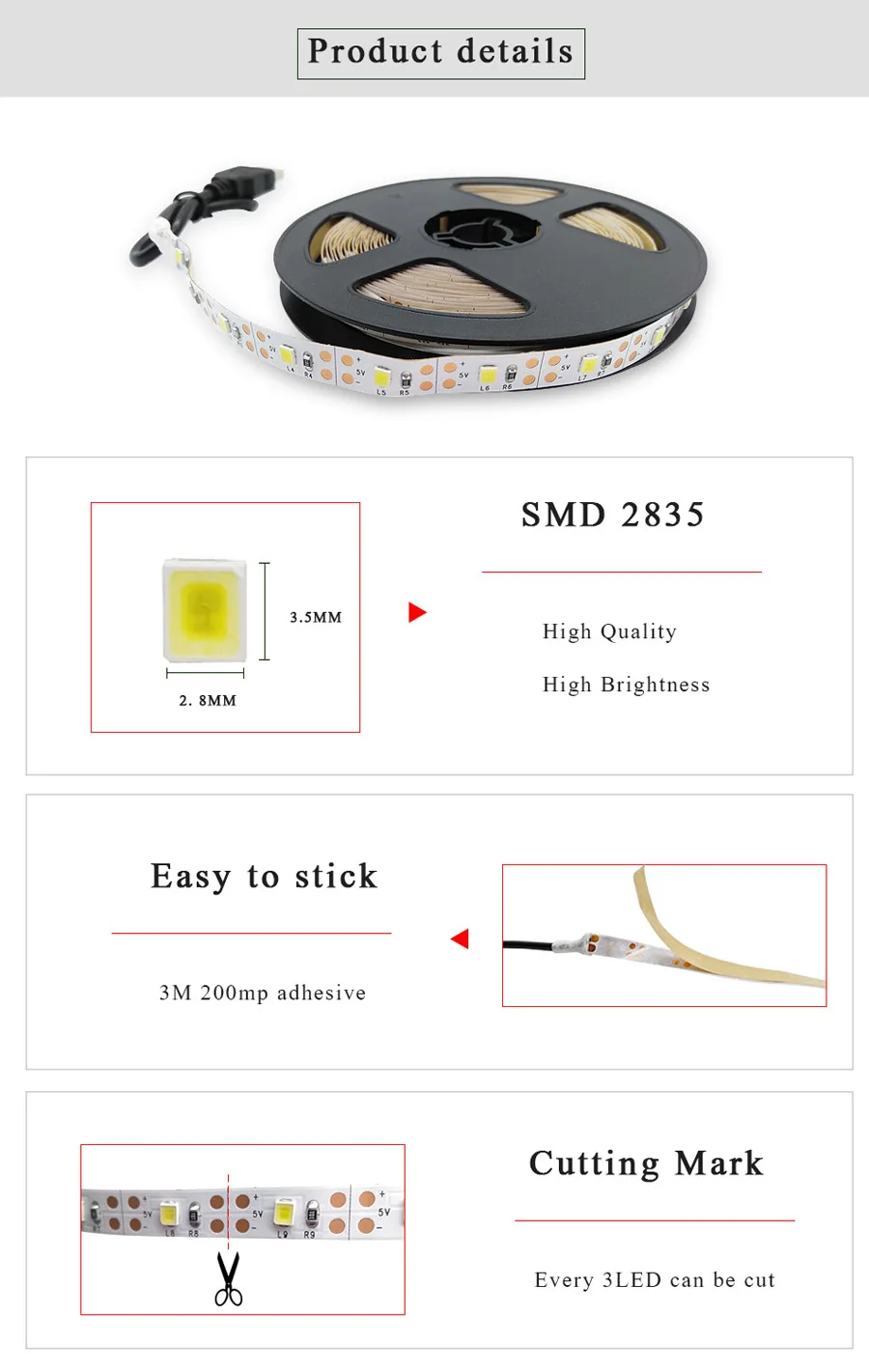 USB LED Strip Light RGB 2835 DC 5V Powered Backlight Flexible Ribbon 50CM 1M 2M 3M 4M 5M Decor Screen TV Background Lighting