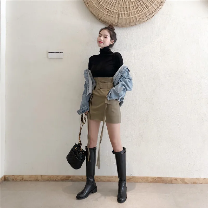 Harajuku Новая модная облегающая короткая юбка с поясом и карманами в Корейском стиле, сексуальные женские мини юбки уличная LJ358