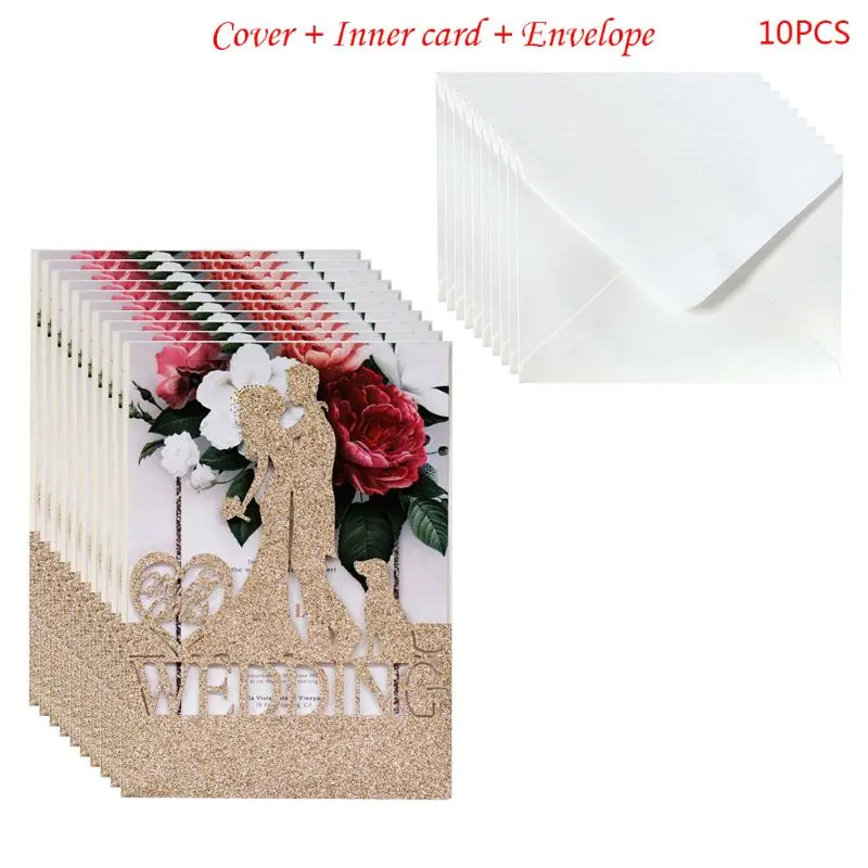 10 шт./компл. с блестками на свадьбу с лазерной аппликацией Приглашения карты предложить конверты комплект для Обручение персонализированные вечерние поставки