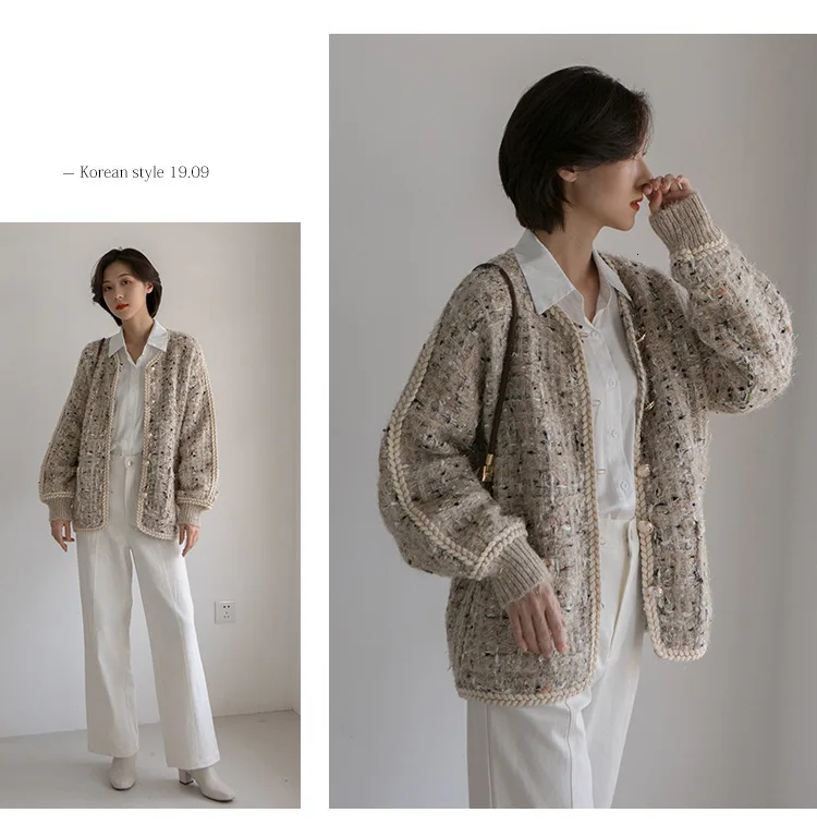 TVVOVVIN Autumn Concise Small Real Easy Long Sleeve Single Row Buckle Hemp Flowers Edge Sweater For Girl Woman ZX164