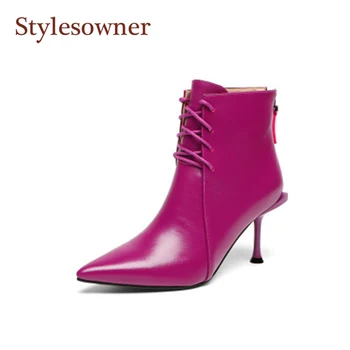

Purple Martin Boots Women's 2020 Autumn / Winter New Fashion Genuine Leather Pointed Toe Lace High Heels Stiletto Ankle Boots