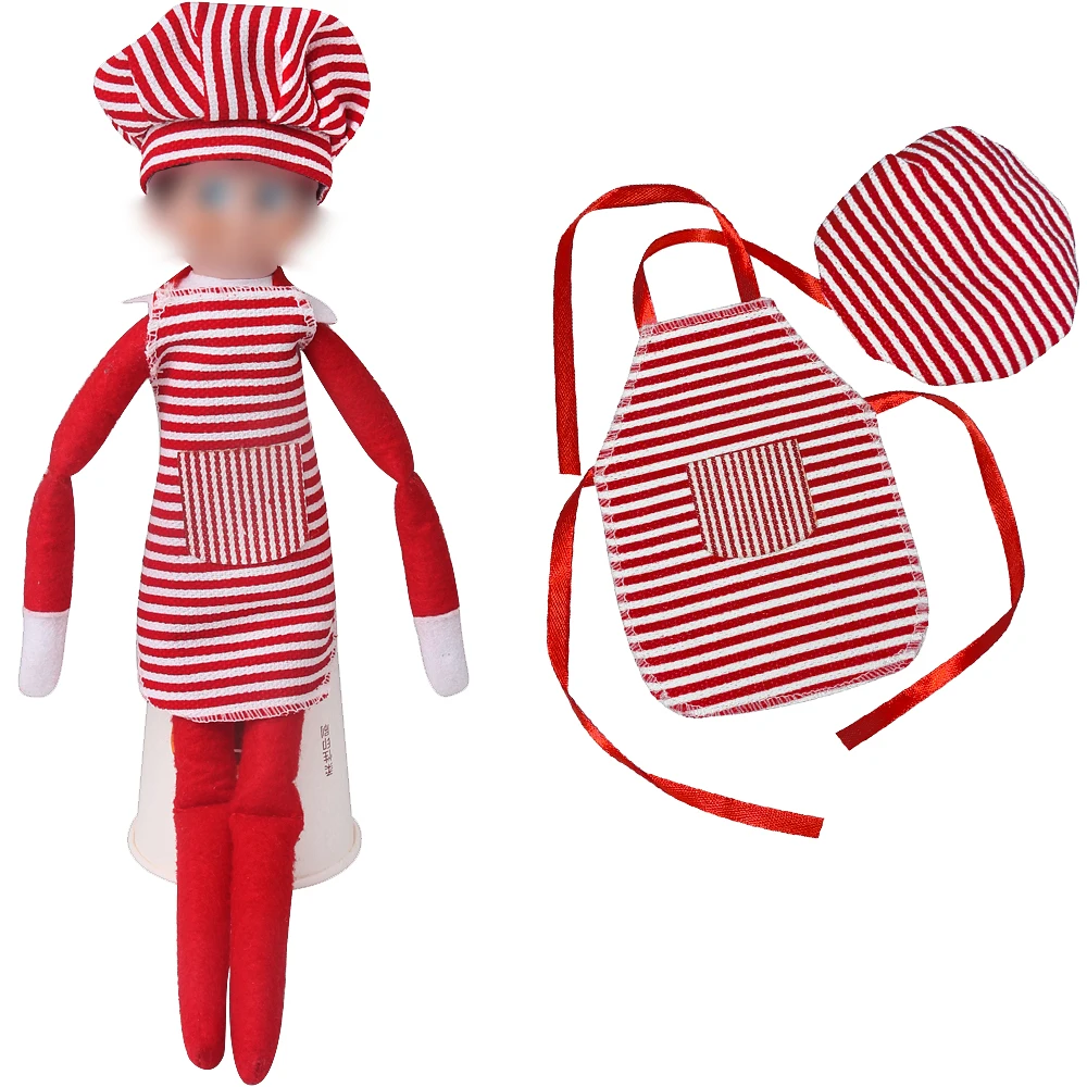 Christmas Elf Doll Clothes Red Striped Kitchen Apron Set + Chef's Hat Toys For Children Accessories Gift（No Doll）m47 | Игрушки и
