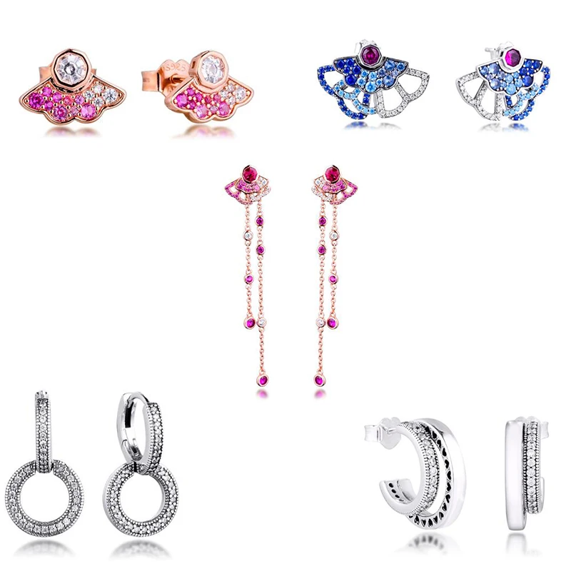 

CKK Earring Pink Blue Fan Double Stud Earrings Sterling Silver Fshion Jewelry 100% 925 Silver Women Brincos Pendientes Aretes