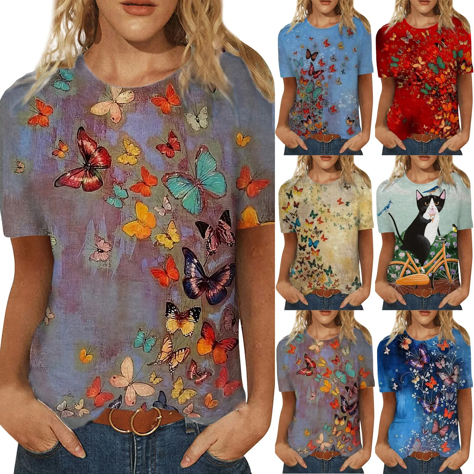 Womens Tops Graphic Tees Butterfly Print T-Shirt Casual Blouse Short Sleeve Shirt Ladies Elegant Pullover Tee Top 