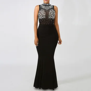 

Black Long Evening Party Dress Sexy Sleeveless Summer Fall 2020 Diamond Patchwork Mermard Robe Femme Formal Gown Prom Vestidos
