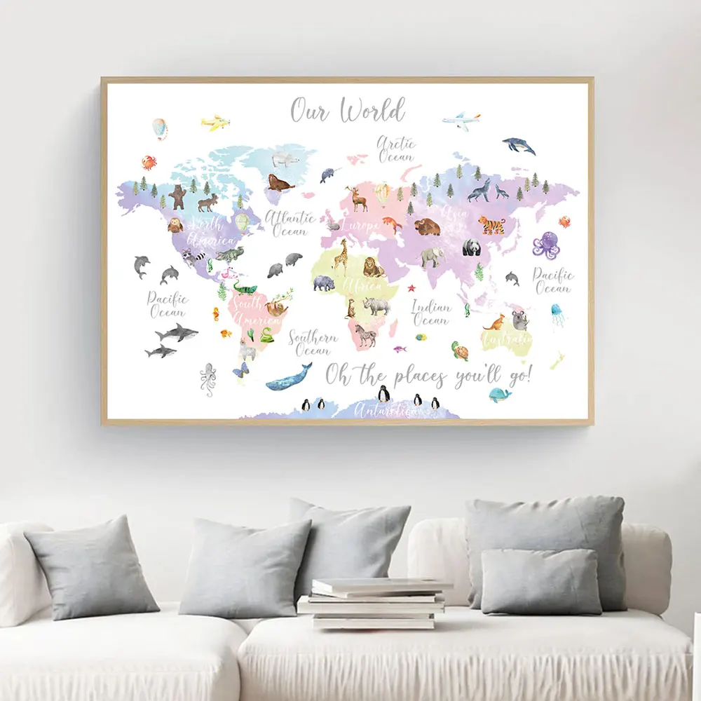 Educational Animal World Map Picture Children Poster Nursery Wall Art Canvas Print Painting Baby Kid Bedroom Playroom Home Decor