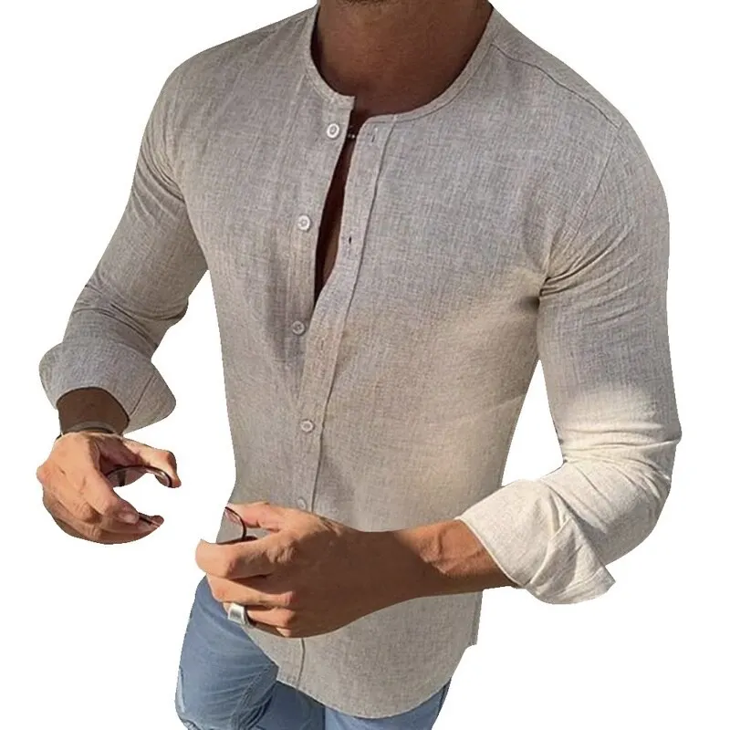 Light khaki Новинка, мужская повседневная рубашка с круглым вырезом, однотонная, на пуговицах, хлопок, лен, длинный рукав, Рубашки, Топы, свободные, Осенние, мужские футболки - Цвет: Light khaki