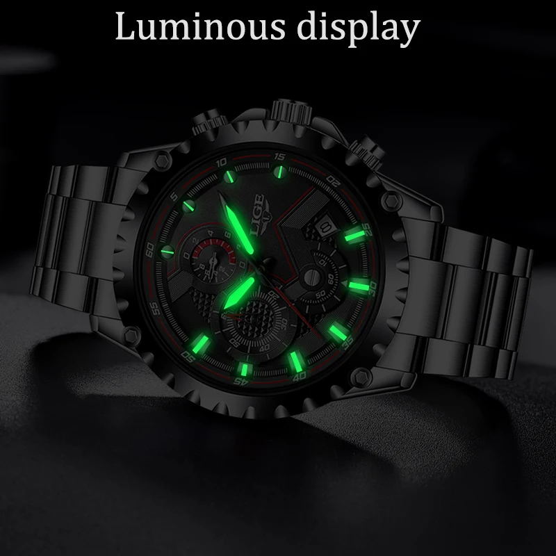 2021 LIGE Fashion Mens Watches Top Luxury Brand Silver Stainless Steel 30m Waterproof Quartz Watch Men Army Military Chronograph