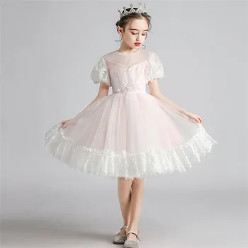 

Korean Sweet Children Girls Elegant Pink Color Birthday Wedding Party Princess Lace Dress Baby Infant Host Ceremony Mesh Dress