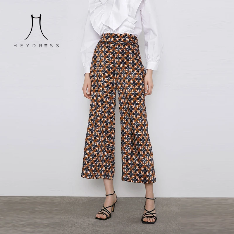 

Heydress Women Autumn Geometric Long Pants Vintage Print Female Loose Wide Leg Pants Street Wear Lady High Waist Bottoms