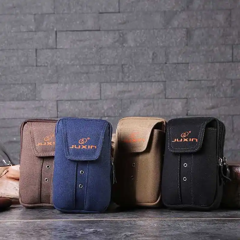 

2019 New Style Multi-functional Verticle Wear Leather Belt Canvas Mobile Phone Waist Bag Magnetic Snap Men Wallet