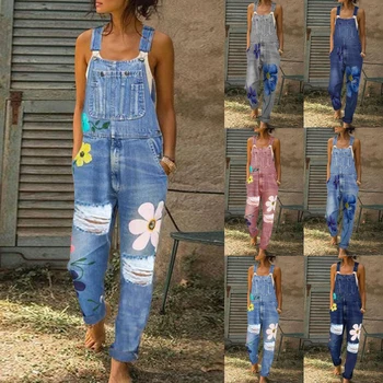 

2020 New Summer Women Long Jumpsuits Fashion Flowers Printed Jeans Short Romper Casual Floral Pocket Playsuit Denim Overalls