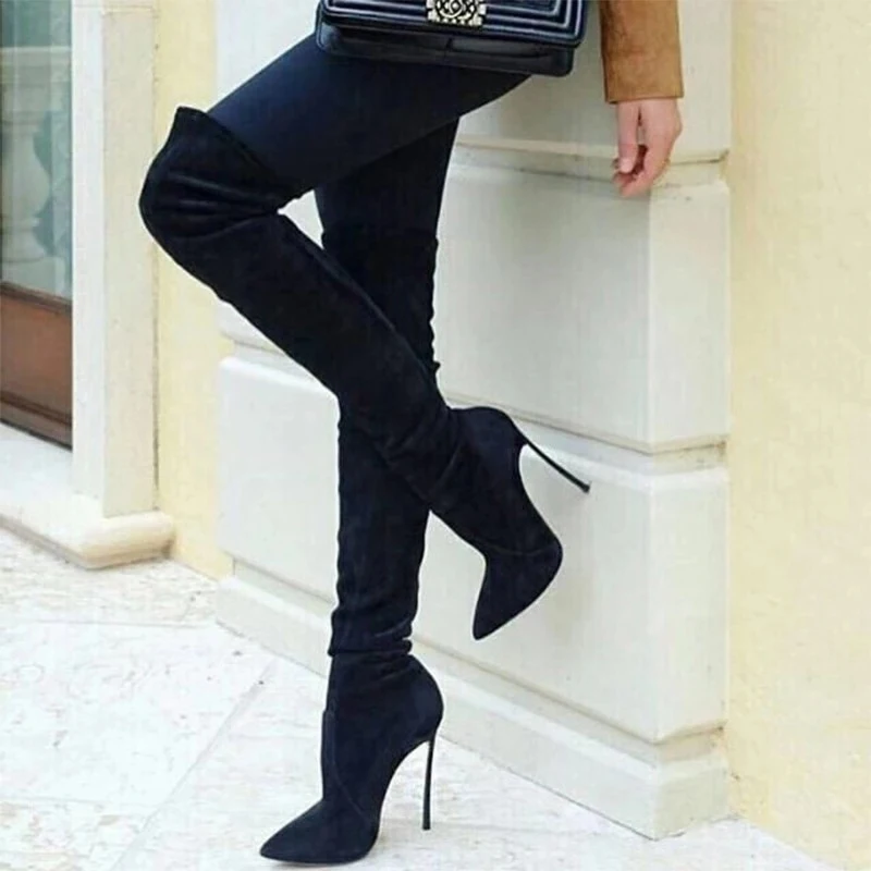 

Fashion Over The Knee Women Boots Pointed Toe Flock Sock Boots Winter Knee High Botas Slip On Thin High Heels Boots Plus Size 42
