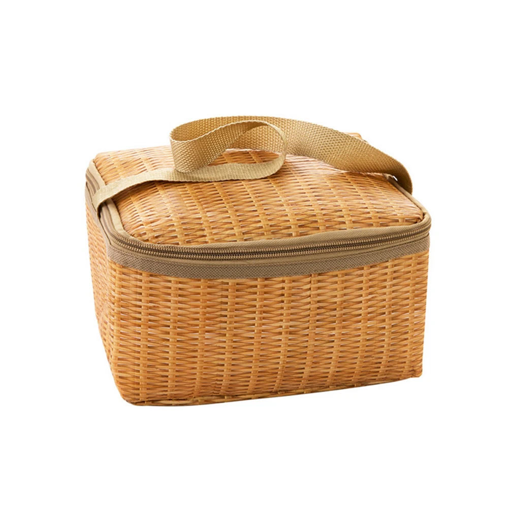 Woven Lunch Bag Refrigeration Travel Convenient Food Insulation Bag Camping Imitation Rattan Practical Picnic