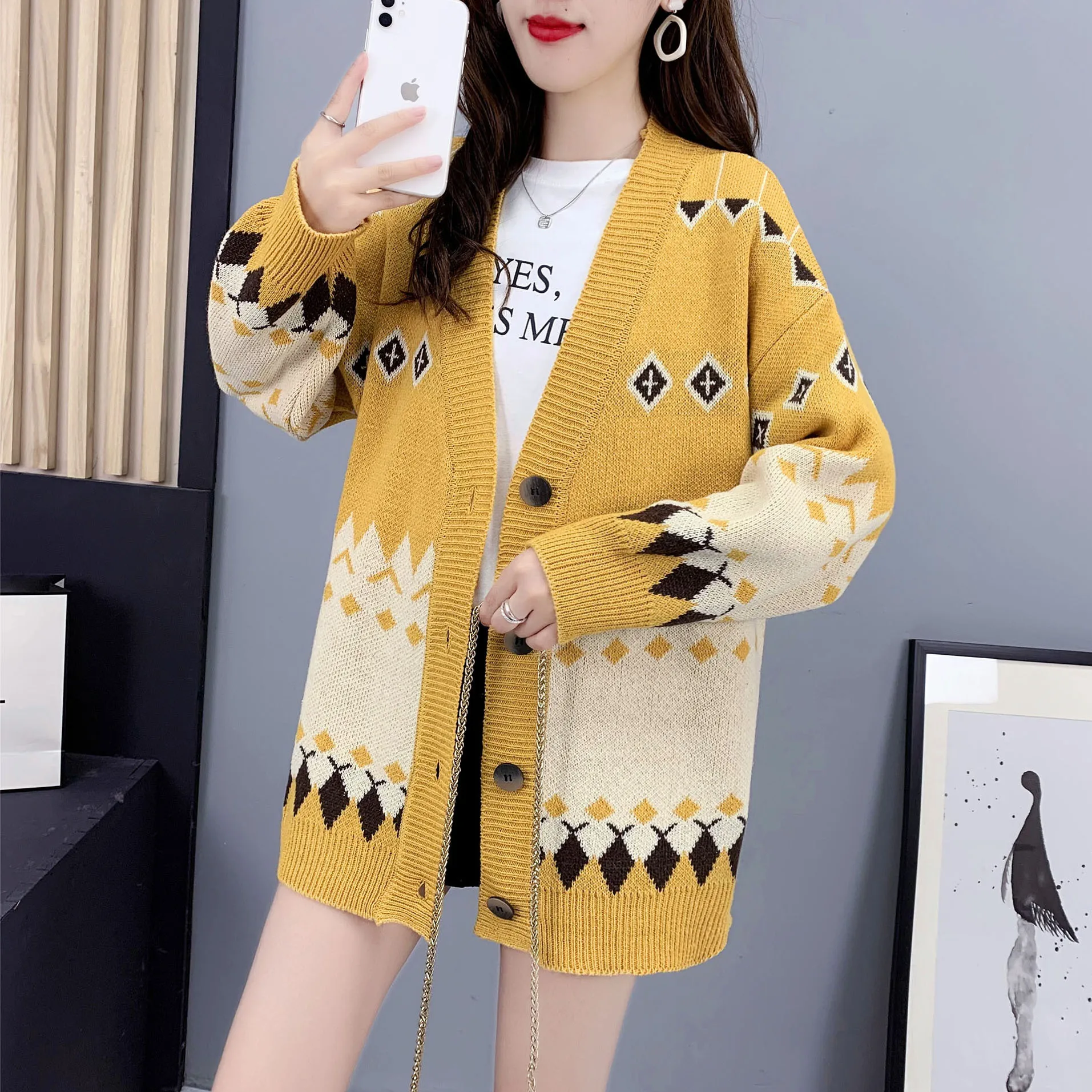 Women's sweater cardigan 2021 new casual V-Neck long sleeve loose retro jacquard button knitted top winter women's sweater coat ugly christmas sweater