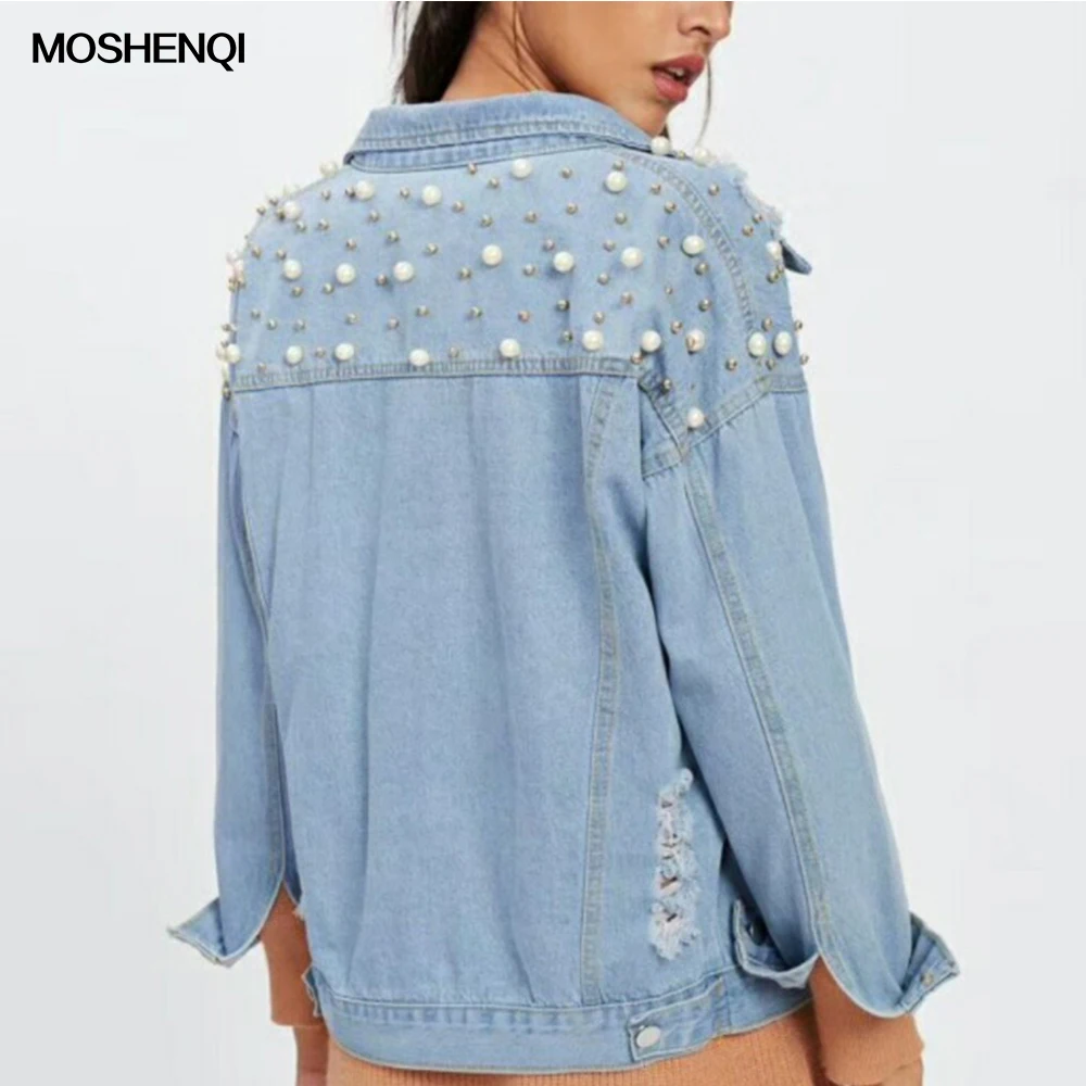 

MOSHENQI Loose Denim Jacket Women Witrh Pearls Beading 2019 Autumn Long Sleeve Pockets Ripped Outwear Female Jeans Jackets Women