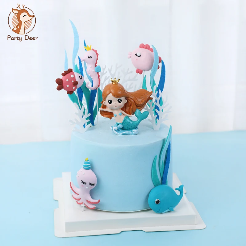 Mermaid sea Marine animal fish Hippocampus Whales Octopus Girl for Happy Birthday Cake Topper Kid Party Supplies Cake Decorating