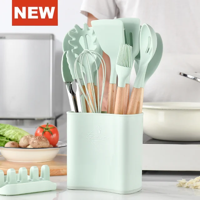 Silicone Cooking Utensils Set Non-Stick Spatula Shovel Wooden Handle Cooking  Tools Set With Storage Box Kitchen Tool Accessories