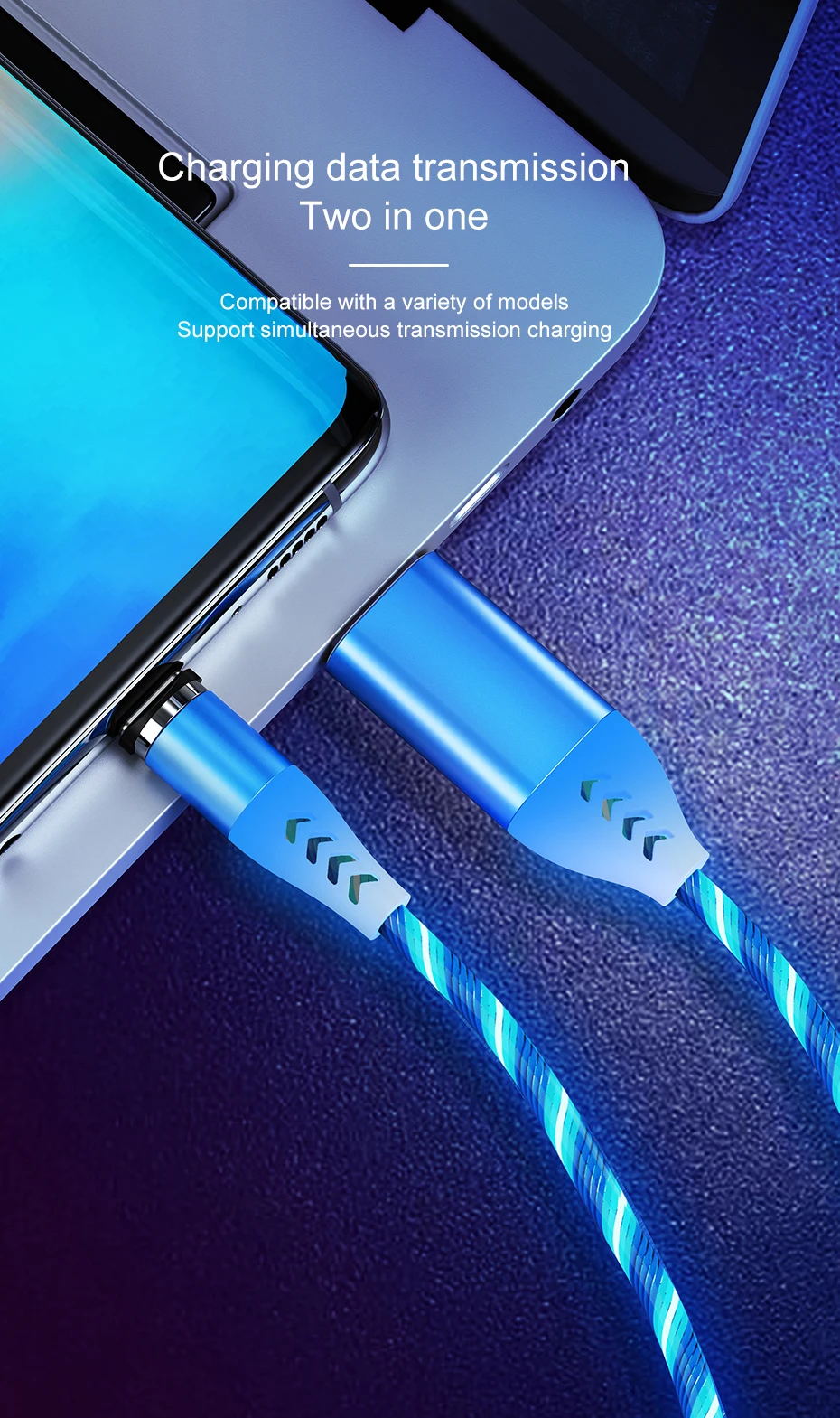 5A Быстрая зарядка Micro USB кабель type C Магнитный течёт светильник светодиодный зарядный кабель 1 м магнит зарядное устройство ЦВЕТНОЙ кабель
