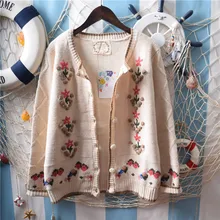 Винтаж лес Мори Девушка Ручной крюк цветок вышивка жаккардовый вязаный кардиган сладкий Лолита свитер пальто женские топы Осень Зима