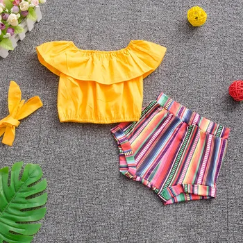 

2020 New Summer Baby Girls Set Outfits Solid Short Sleeve T-shirt + Rainbow Stripes Short Pants Summer Clothes