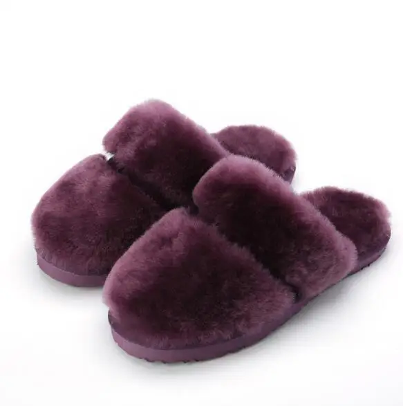 Высококачественные тапочки из натуральной овчины; Модные женские зимние тапочки; женские теплые домашние тапочки; Мягкая шерстяная женская домашняя обувь - Цвет: Violet