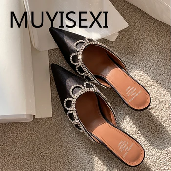 

Mules women shoes sexy pointed toe 4cm low heel spring summer slipper fashion with rhinestone apricot black FR06 MUYISEXI