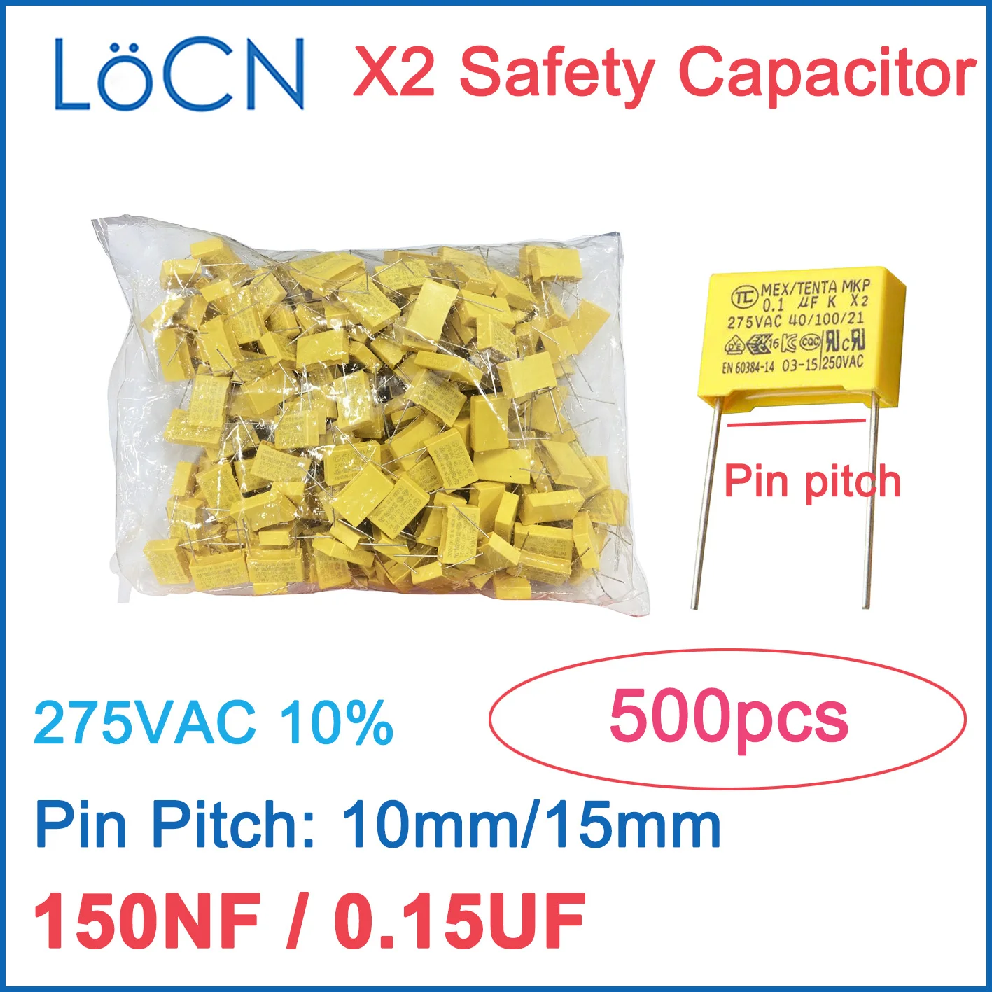 

DIP X2 Safety Capacitor 10mm 15mm 150NF 275VAC 0.15UF 154 10% K 500PCS