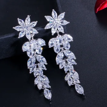 

Luxury S925 Silver Earring Gorgeous Marquise Cluster Flower Shape Cubic Zirconia Dangle Drop Earrings Brides Wedding Jewelry