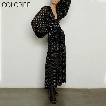 

Fashion Sexy Deep V-neck Lantern Long Sleeve Pleated Maxi Dresses For Women Vintage Runway Designers Sashes Pleated Long Dress