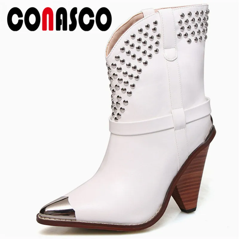 

CONASCO Fashion Women Short Boots Patry Shoes Autumn Winter Warm Synthetic Rivets Buckles Pointed Toe Wedges Heels Shoes Woman
