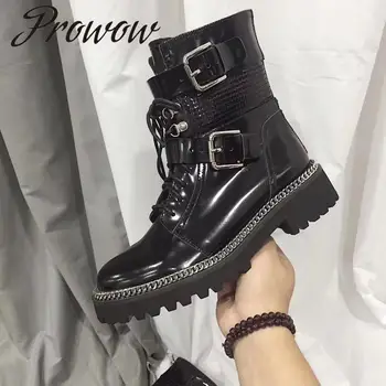 

Prowow New Winter Black Genuine Leather Chain Trimmed Ankle Boots Ruond Toe Lace Up Ladies Boots Shoes Ladies