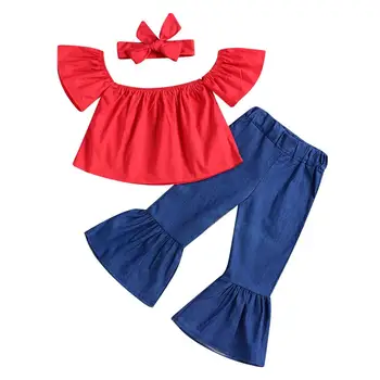 

Girl's Short Sleeve Flowers Side Red Tops+Turban+Blue Jeans Pants 3PCS Clothing Sets Casual Fashion Flare Summer Set