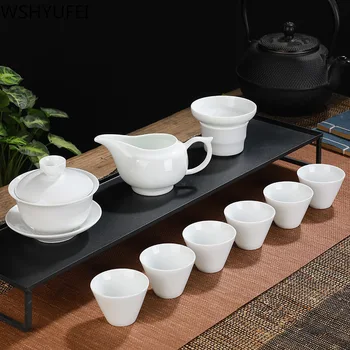 

Handmade White porcelain Tea set Travel portable 10 piece suit Chinese Kungfu gai wan Office household drinking utensils