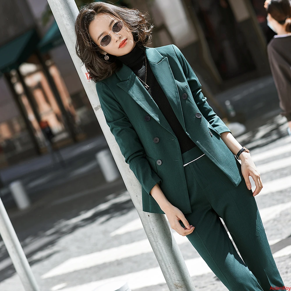 Chaqueta Formal elegante para mujer, Blazer, pantalones, ropa de trabajo, Tops y blusas, color gris y verde, para e Invierno|Trajes de pantalón| - AliExpress