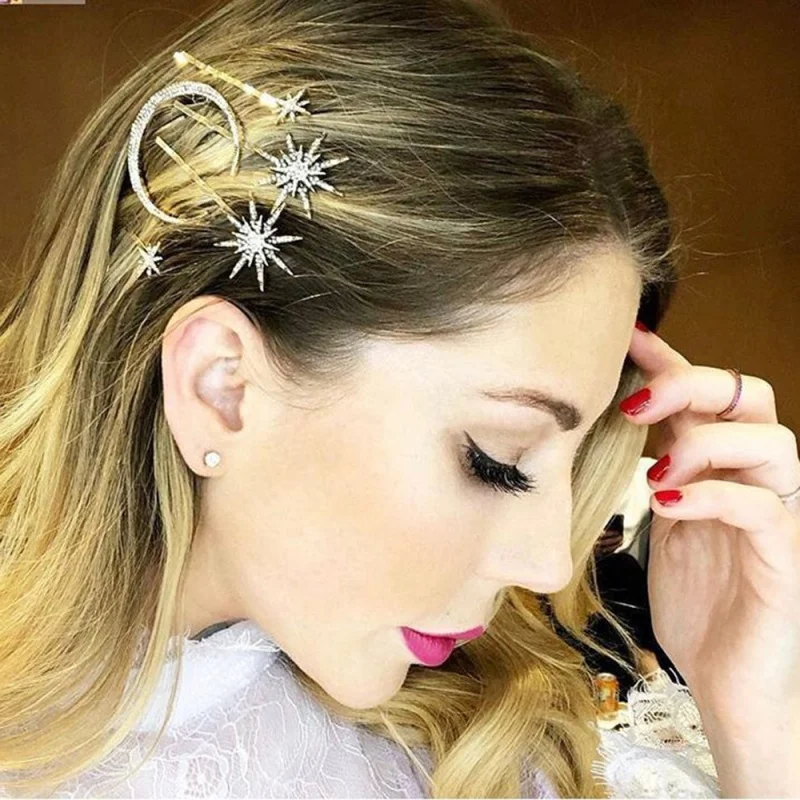 Модные стразы в форме полумесяца, заколки для волос для женщин и девочек, заколка с сияющими звездами, заколки для волос, украшения для волос, подарочные аксессуары F0877
