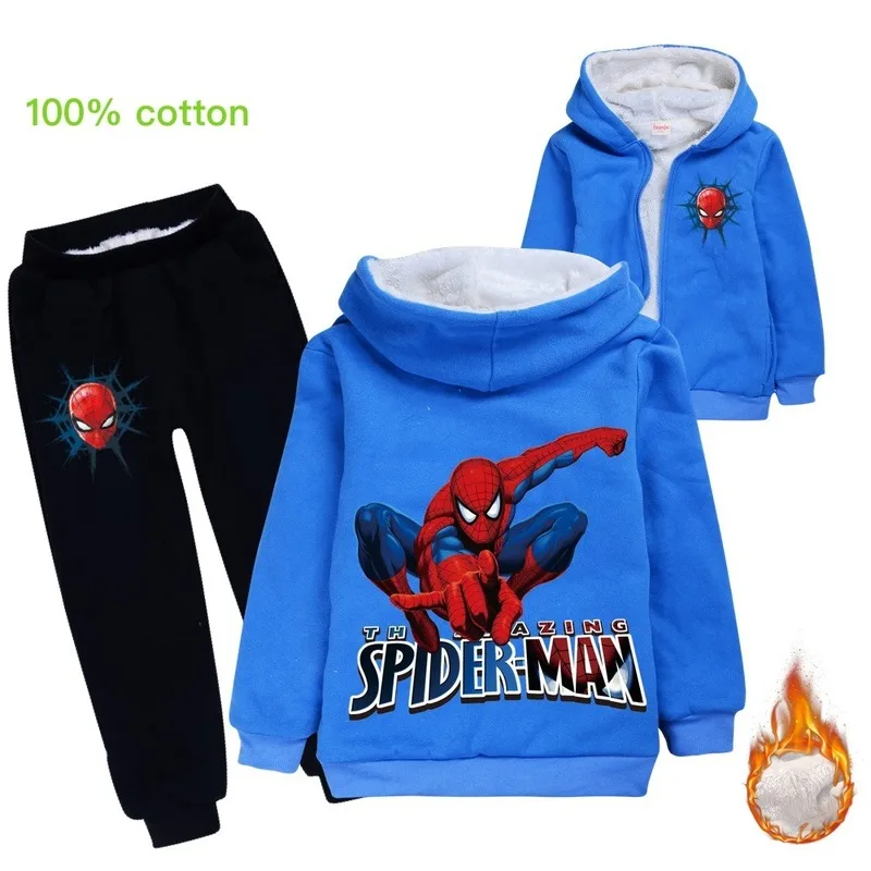 

Spiderman Kids Winter Coat Boys Sweatshirt +pants 2pcs Boys Jacket Outwear Hoodies Clothes Winter thick warm coat suit
