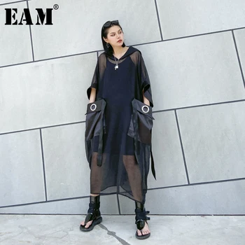 

[EAM] Women Black Mesh Perspective Big Size Dress New Hooded Three-quarter Sleeve Loose Fit Fashion Spring Summer 2020 1U082