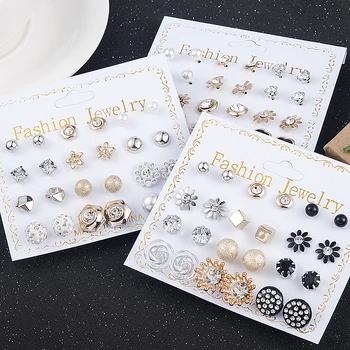 12 Pairs/Set Women's Pearl Flower Crystal Mix Design Studs Earrings Girls Elegant Gold Heart Ear Jewelry Gift Aretes De