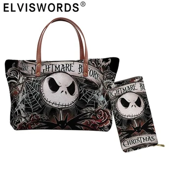 

ELVISWORDS Women Luxury Handbags Wallet Set Nightmare Before Christmas Printed Halloween Cartoon Skull Jack Design Shoulder Bags