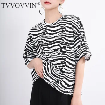 

TVVOVVIN NEW 2020 Summer Zebra Pattern Europe Stripe Joker Top Tide T-shirt Tops Womens Girl O-Neck Personality T Shirt M012